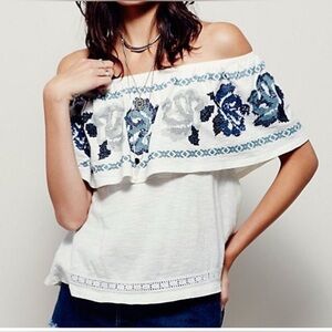 Free People Gray and Blue Embroidered Blouse